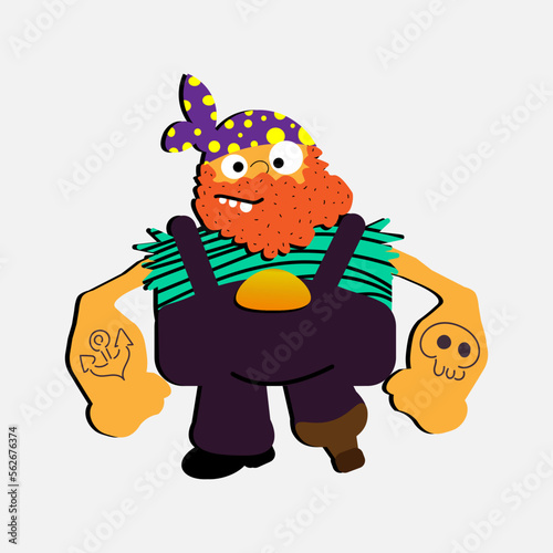 Cute cartoon pirate  sailor with red beard, wooden leg, strong hands and tattoo. Funny trendy childish  vector illustration isolated on white background.