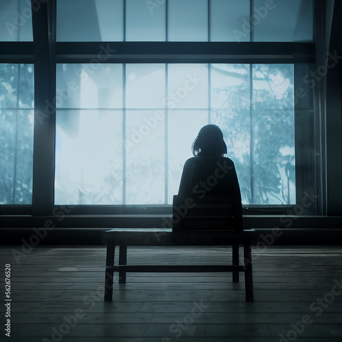 Depressed girl concept before a big window unable to feel postiive emotions depression mental health issues