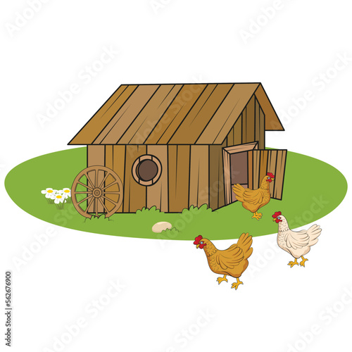 Coop, chickens, green floor, wooden wheel, stone and grass. My vector drawing.