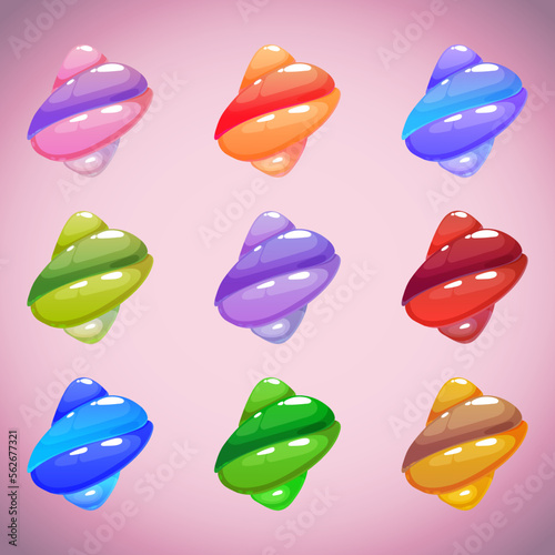 Set of nine objects for interface design. Bright multi-colored jelly candies. Templates for mobile games. Cute cartoon sweets.