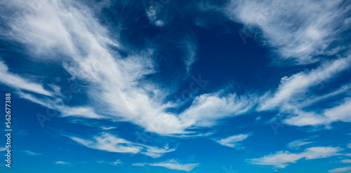 Panorama Clouds are streaks and blue sky.Flushed, fluffy white clouds scatter in full light clear sky. photo
