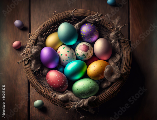 Basket of colorful Easter eggs on wooden background. Generative AI