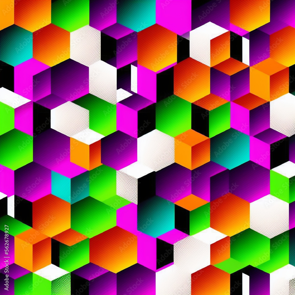 abstract background with hexagons, seamless square of colors, bright shade of green violet orange pink white black by Generative AI abstract background with hexagons, seamless square of colors, bright shade of green violet orange pink white black by Generative AI