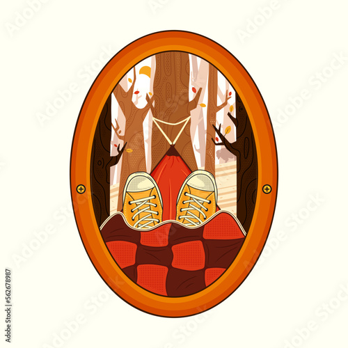 Camping Adventure badge design with forest and a human chilling in the hammock . Travel logo graphics. Stock vector retro label isolated on white background