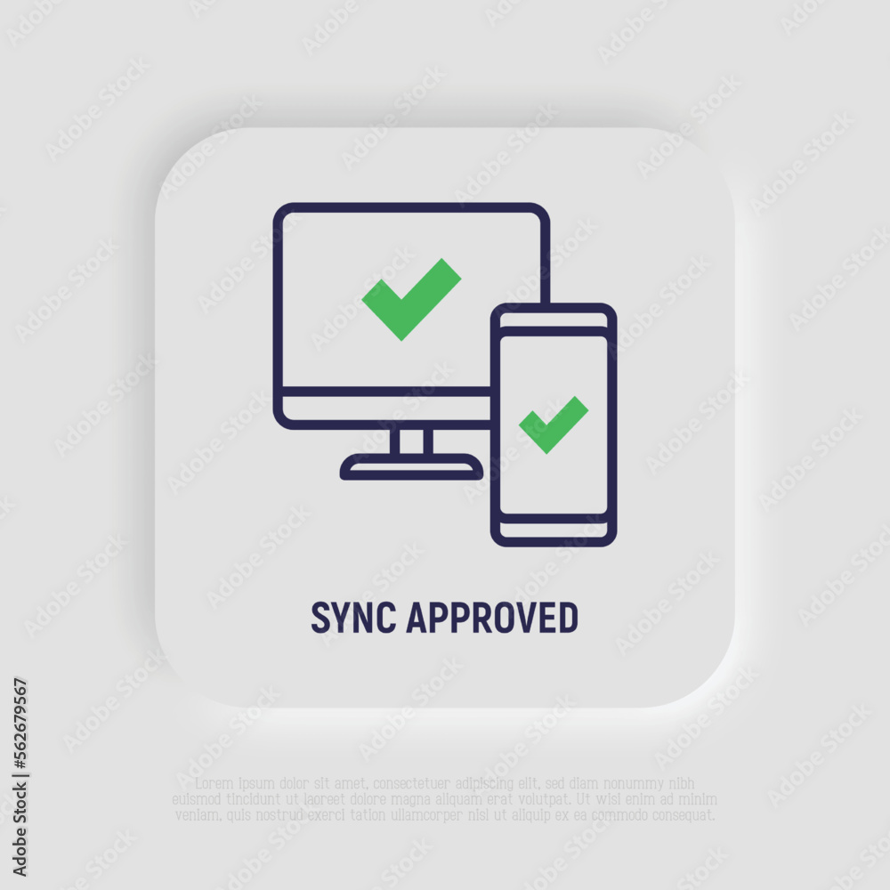 Sync between computer and smartphone is approved: check marks are on device screens. Thin line icon. Modern vector illustration. Sync between computer and smartphone is approved: check marks are on device screens. Thin line icon. Modern vector illustration.