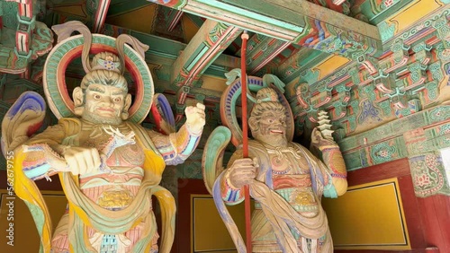 Gyeongju, South Korea: Wooden Korean Guardian Sculptures in famous Bulguksa Buddhist temple complex photo