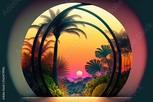 Tropical plants in a curved window with a gradient sunset , ai generated