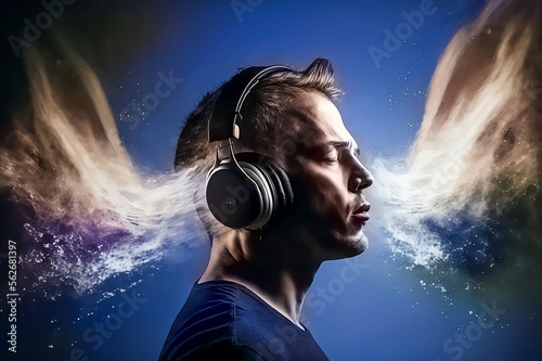 A person with headphones listening to music with his eyes closed created with Generative AI Technology