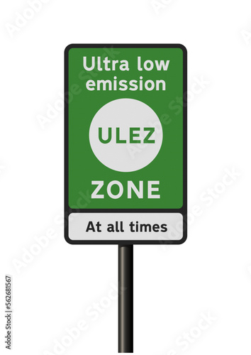 Vector illustration of the ULEZ (Ultra Low Emission Zone) road sign on black metallic pole photo