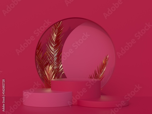 3d Render. Minimal scene with podium and abstract background. Geometric shapes. Magenta colors scene. Minimal 3d rendering. Scene with geometric forms and textured background for cosmetic product. © anghelka