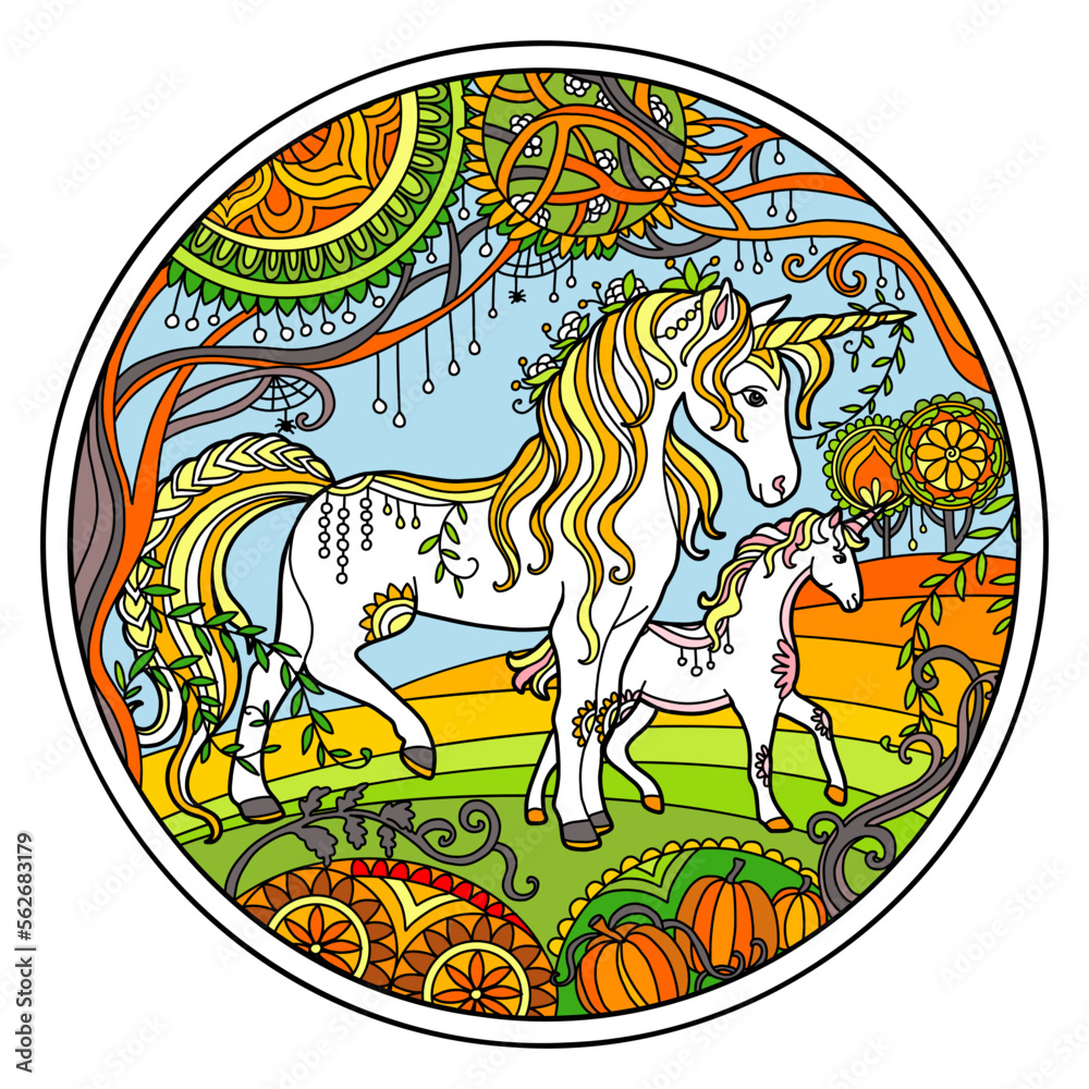 Unicorn and foal ornamental color round vector illustration