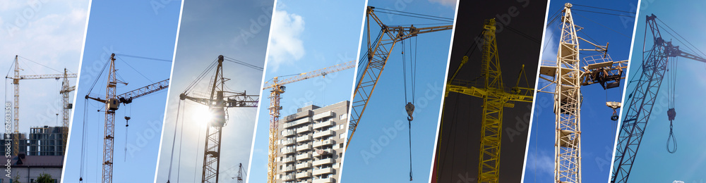 Construction work site collage. Industrial construction cranes Construction work site collage. Industrial construction cranes