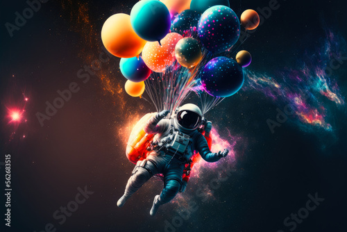 Spaceman flying with colorful balloons. ilustration, background, wallpaper, generative ai 