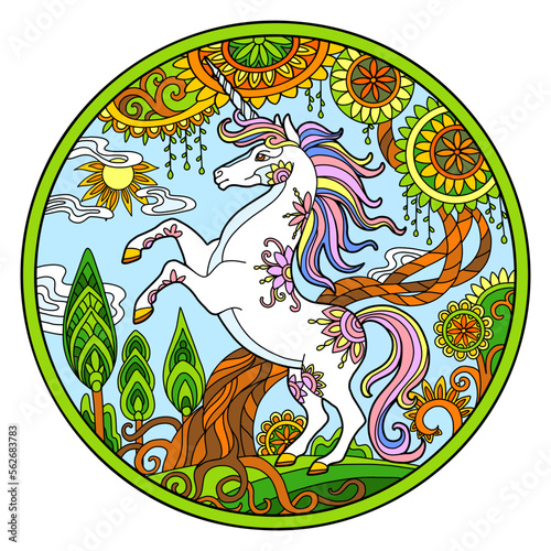 Unicorn in magic forest ornamental color round vector illustration