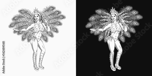Brazilian samba female dancer. Carnival latino girl wearing festival costume with feathers. Vector monochrome illustration for Brazilian carnival