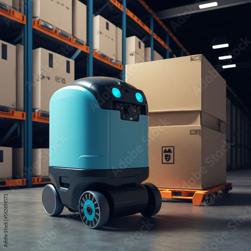 Automatic robot in a warehouse. Generative AI.