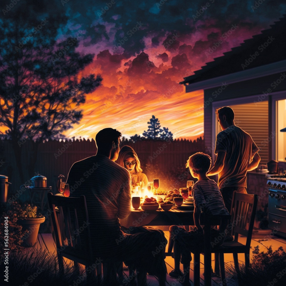 Family having a barbecue at home during the summer. Generative AI. Family having a barbecue at home during the summer. Generative AI.