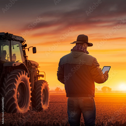 Farmer using a tablet in the field. Modern agriculture and technology. Generative AI.