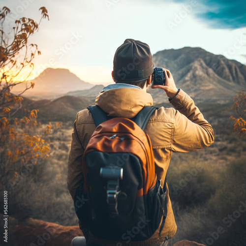 Traveler taking a landscape photo. Generative AI.