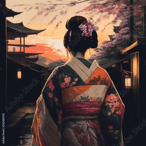 Back view of a Japanese woman with Kimono. Generative AI.