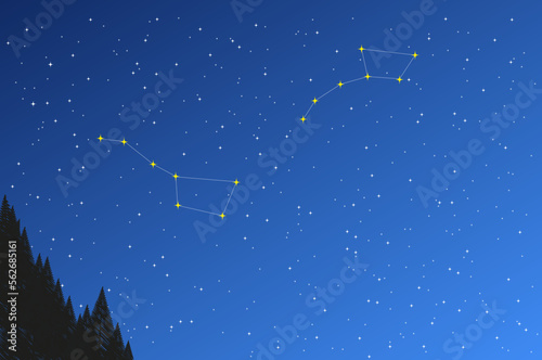 The constellation Ursa Major and Ursa Minor. The landscape of the starry sky. Stock vector