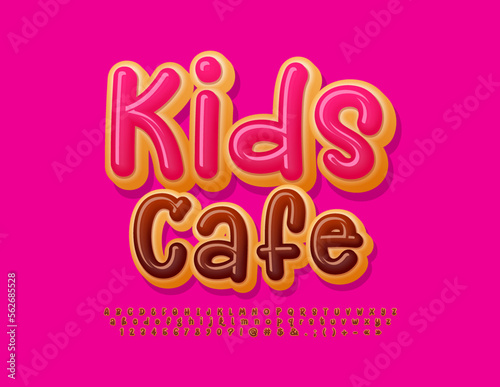 Vector tasty Poster Kids Cafe. Bright handwritten Font. Funny Donut Alphabet Letters and Numbers.