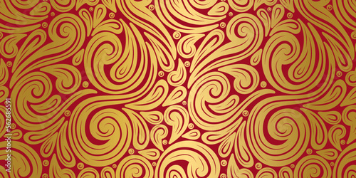 Red and gold leaves seamless pattern. Vintage vector ornament template. Paisley elements. Great for fabric, invitation, background, wallpaper, decoration, packaging or any desired idea.