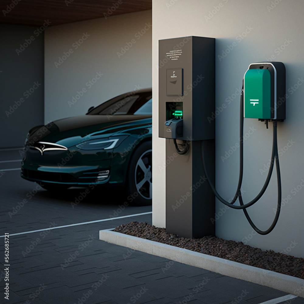 EV Charging point next to a car. Generative AI. - obrazy, fototapety, plakaty 