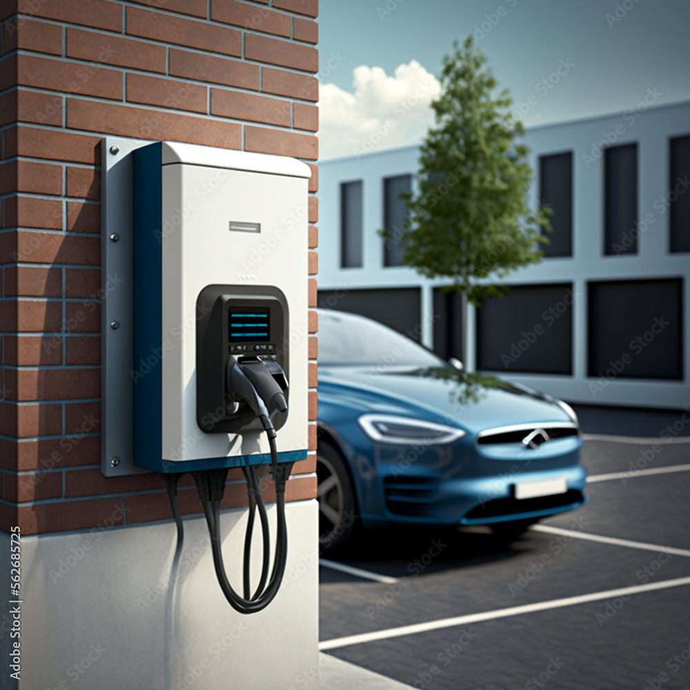 EV Charging point next to a car. Generative AI. EV Charging point next to a car. Generative AI.