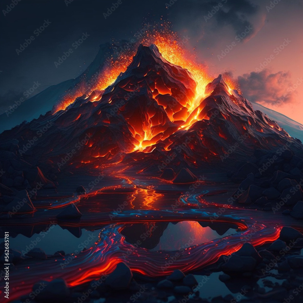 Growing lava from a volcano. Landscape of a volcano. Generative AI.