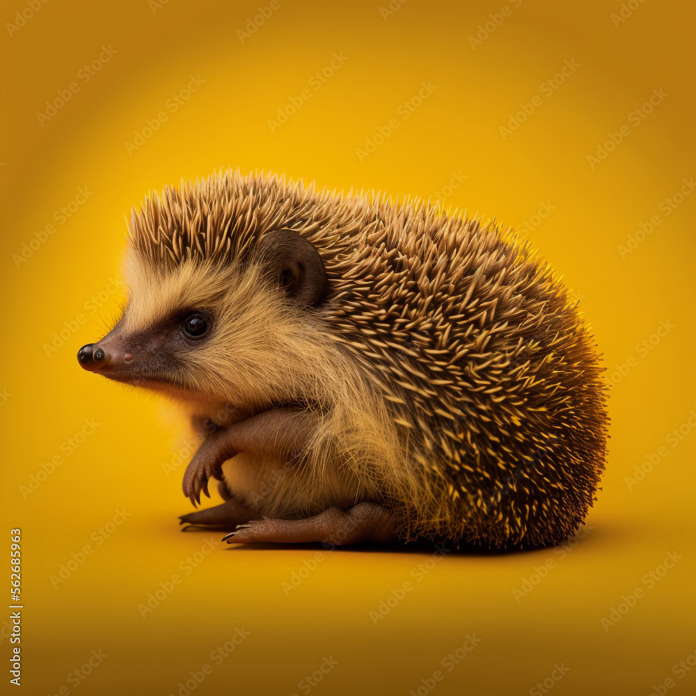 Fototapeta premium Hedgehog on a yellow background. Generative AI.