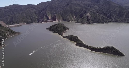 Pyramid Lake in California. It is a reservoir formed by Pyramid Dam on Piru Creek in the eastern San Emigdio Mountains, near Castaic, Southern California, in Los Padres National Forest photo