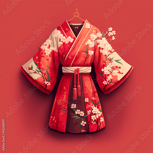 Murais de parede Japanese kimono on a red background. Generative AI.