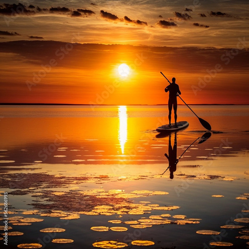 Man doing paddle surfing at sunset. Generative AI.