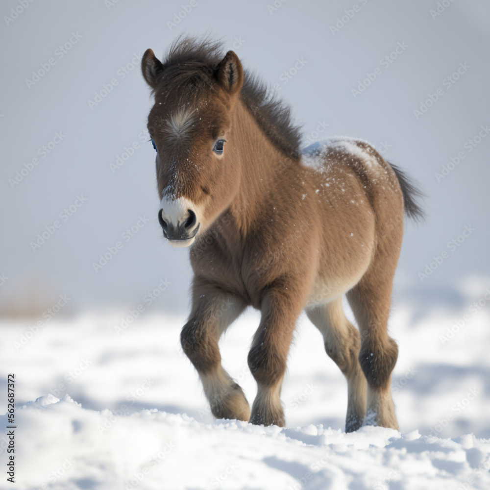 Shetland pony in the snow. Generative AI. Shetland pony in the snow. Generative AI.