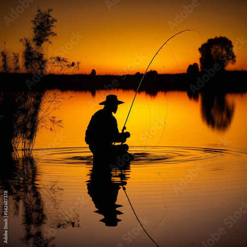Illustration of a fisherman fishing at sunset. Generative AI.