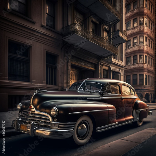 Vintage car in the city at sunset. Generative AI. © DALU11