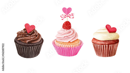 Hand drawn watercolor cupcakes isolated on white background.Romantic cakes