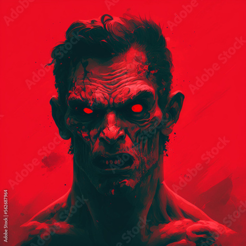 Illustration of a zombie on a red background. Generative AI.