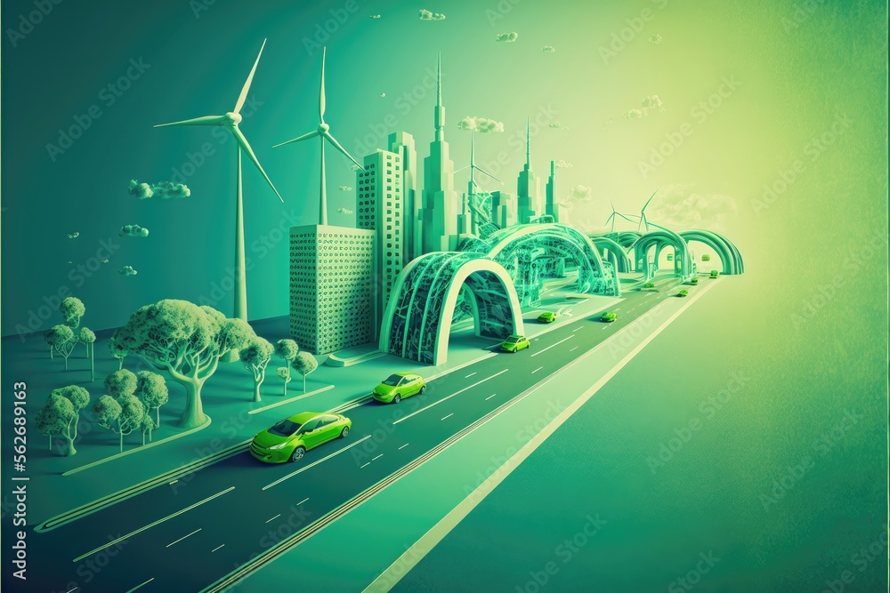 Green sustainable highway with green paint on a white clean background ...
