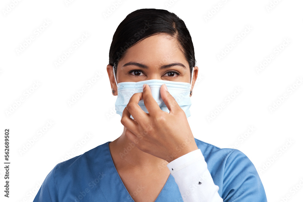 Portrait of a young doctor adjusting her surgical face mask Isolated on a PNG background. Portrait of a young doctor adjusting her surgical face mask Isolated on a PNG background.