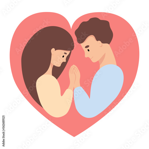 Happy couple in love in heart. Cute girl and guy. Vector illustration in flat style of loving young couple for valentines day  wedding and birthday design.