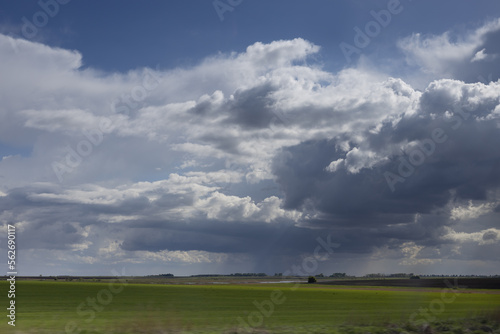 Bright epic thunderstorm landscape in early spring with dark blue fluffy clouds in sunlights above green juicy pasture in motion. Sunny day with rain weather in countryside.