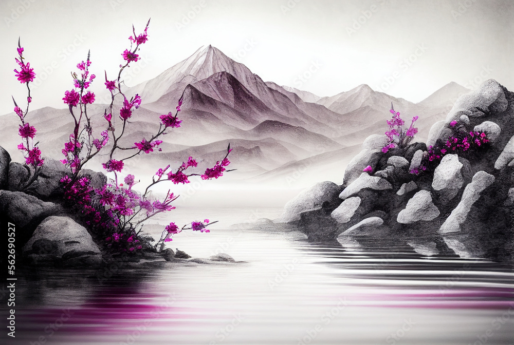 Beautiful Japanese art red flowers in foreground heavy mist around