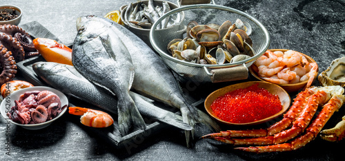 Fresh fish with caviar, shrimp and oysters.