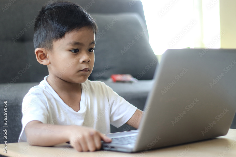 Asian schoolboy doing her homework with laptop at home. Children use gadgets to study. Education and distance learning for kids. Homeschooling during quarantine. Stay at home Asian schoolboy doing her homework with laptop at home. Children use gadgets to study. Education and distance learning for kids. Homeschooling during quarantine. Stay at home
