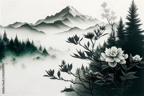 Beautiful Japanese art, red flowers in foreground, heavy mist around distant mountains in background. Wallpaper/desktop/background, generative ai, digital art