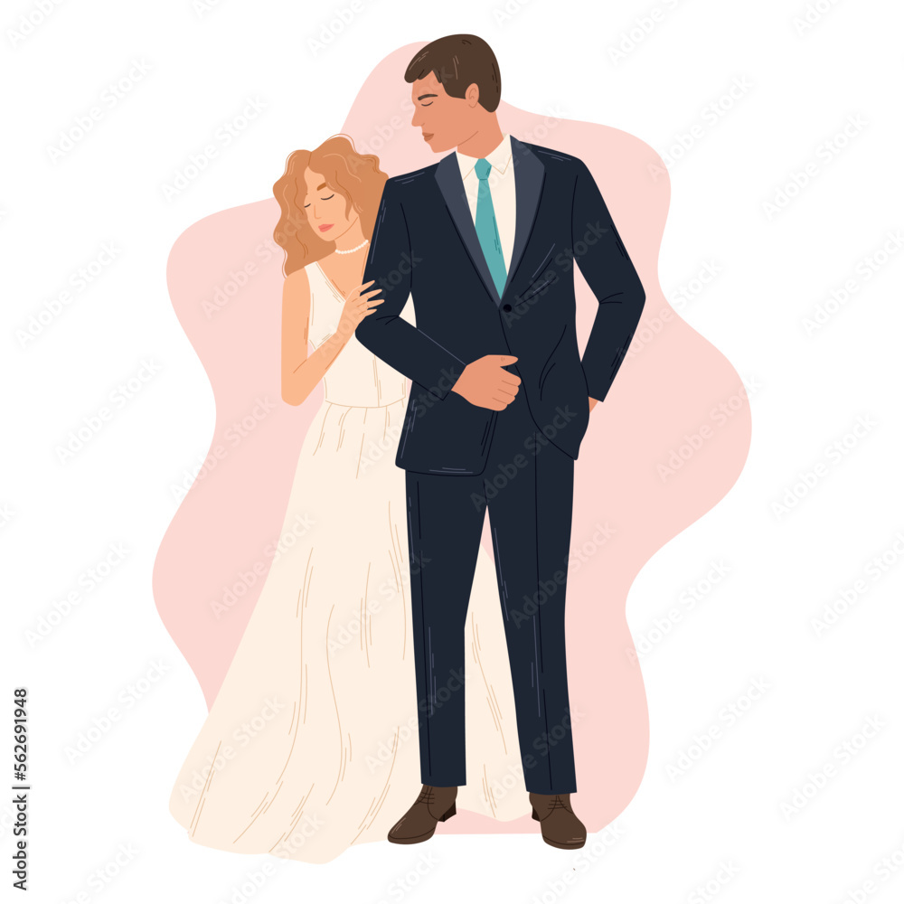 Gouple in love, the Groom in a suit and the Bride in a Wedding dress standing in full height. Vector isolated flat illustration. Gouple in love, the Groom in a suit and the Bride in a Wedding dress standing in full height. Vector isolated flat illustration.