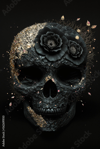 Stylish human skull and flowers on a black background. Generative AI