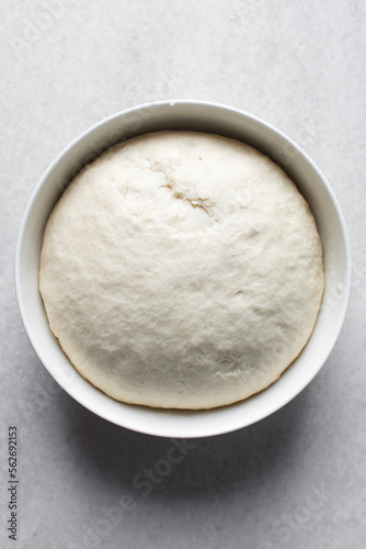 Bread dough that has doubled in size, dough that has risen, proofed dough in a white bowl 